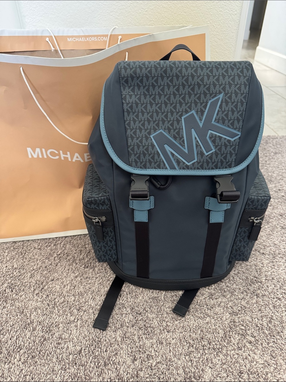 Michael Kors Teal navy blue cooper cornflower pocket MK Flap drawstring Backpack